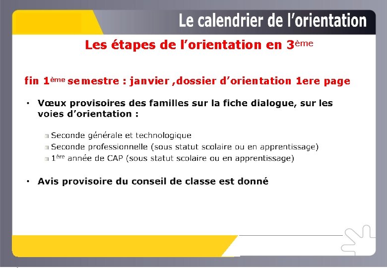 Les étapes de l’orientation en 3ème fin 1ème semestre : janvier , dossier d’orientation