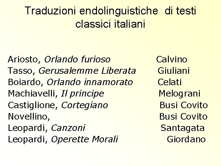 Traduzioni endolinguistiche di testi classici italiani Ariosto, Orlando furioso Calvino Tasso, Gerusalemme Liberata Giuliani