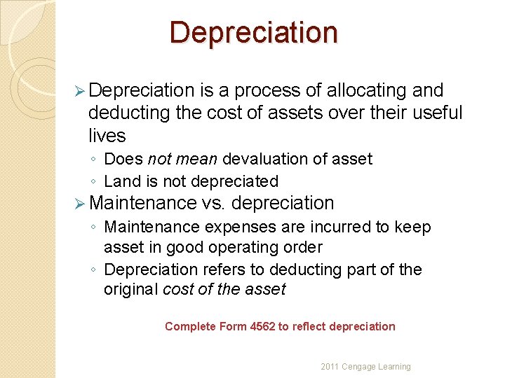Depreciation Ø Depreciation is a process of allocating and deducting the cost of assets