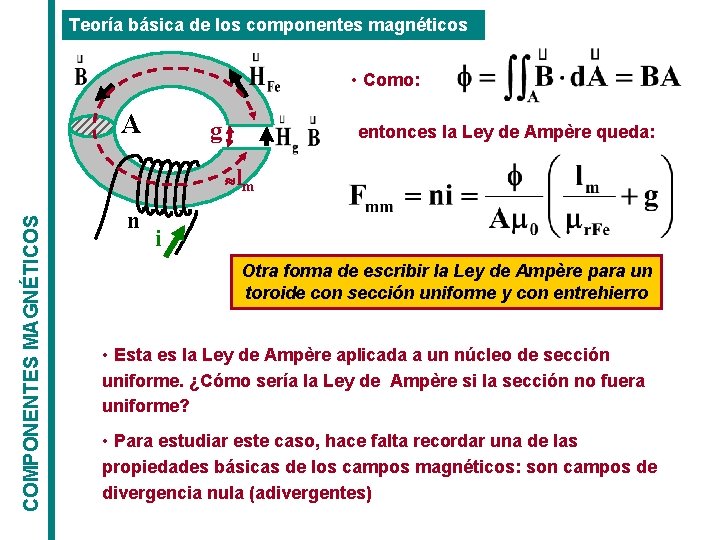 Teoría básica de los componentes magnéticos • Como: A g entonces la Ley de Teoría básica de los componentes magnéticos • Como: A g entonces la Ley de