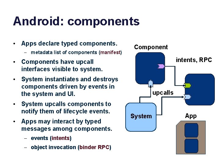 Android: components • Apps declare typed components. – metadata list of components (manifest) Component