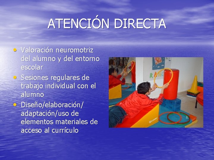 ATENCIÓN DIRECTA • Valoración neuromotriz • • del alumno y del entorno escolar Sesiones