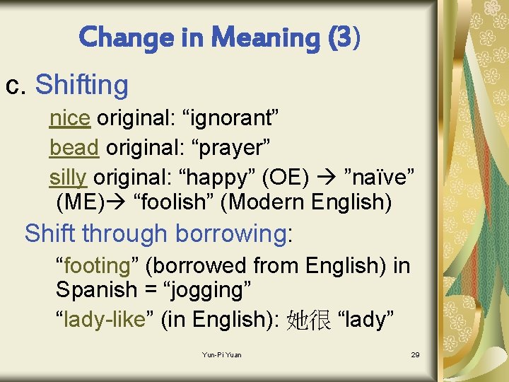 Change in Meaning (3) c. Shifting nice original: “ignorant” bead original: “prayer” silly original: