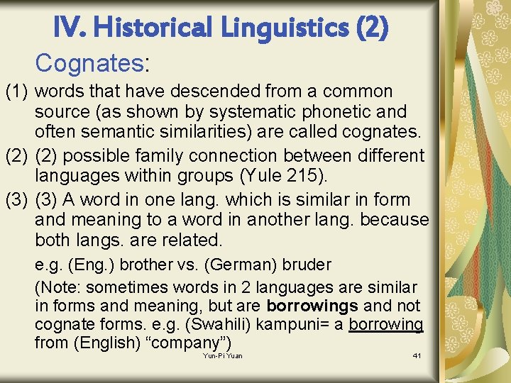 IV. Historical Linguistics (2) Cognates: (1) words that have descended from a common source