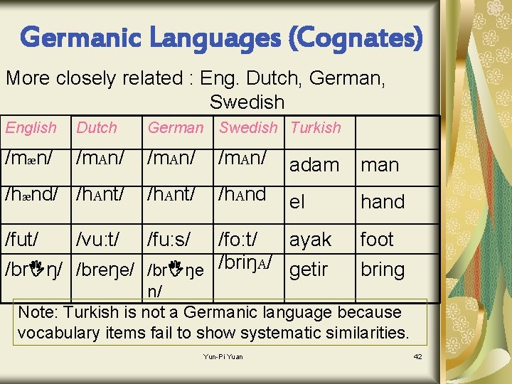 Germanic Languages (Cognates) More closely related : Eng. Dutch, German, Swedish English Dutch German