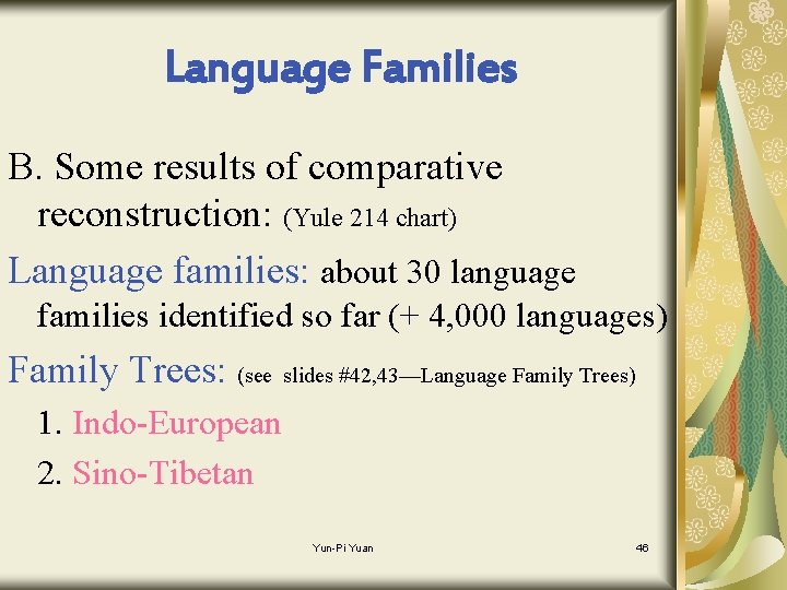 Language Families B. Some results of comparative reconstruction: (Yule 214 chart) Language families: about