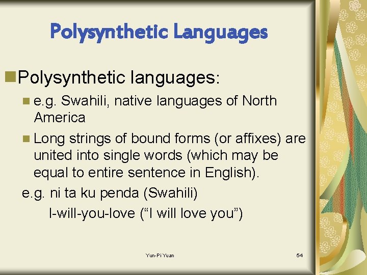 Polysynthetic Languages n. Polysynthetic languages: n e. g. Swahili, native languages of North America