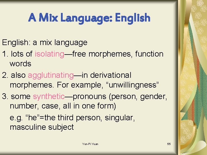 A Mix Language: English: a mix language 1. lots of isolating—free morphemes, function words