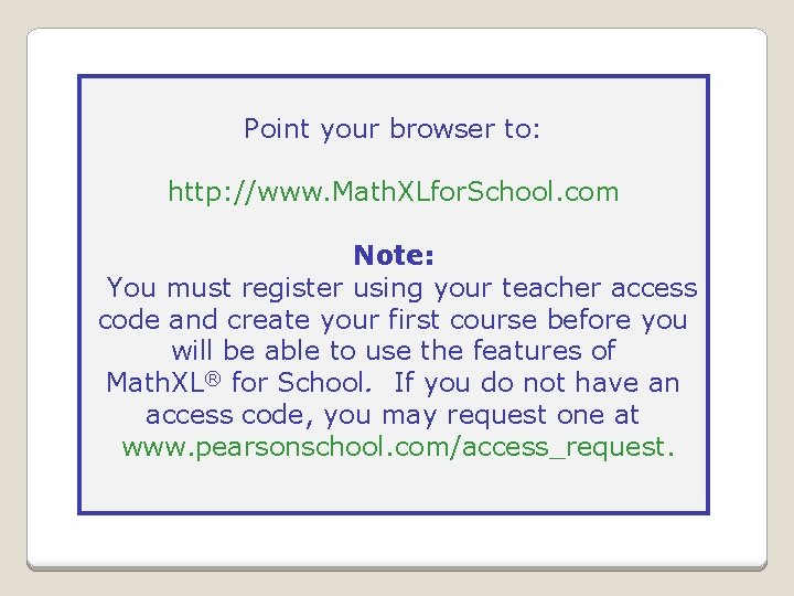 Point your browser to: http: //www. Math. XLfor. School. com Note: You must register