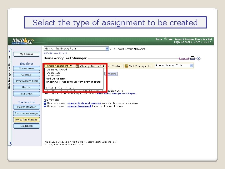 Select the type of assignment to be created 