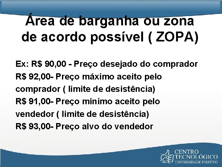 Área de barganha ou zona de acordo possível ( ZOPA) Ex: R$ 90, 00