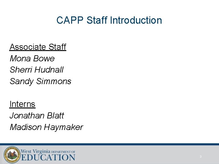 CAPP Staff Introduction Associate Staff Mona Bowe Sherri Hudnall Sandy Simmons Interns Jonathan Blatt