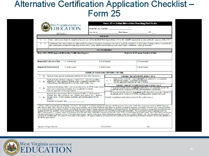 Alternative Certification Application Checklist – Form 25 50 