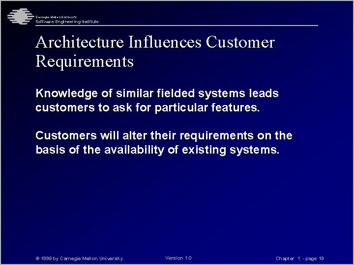 Carnegie Mellon University Software Engineering Institute Architecture Influences Customer Requirements Knowledge of similar fielded