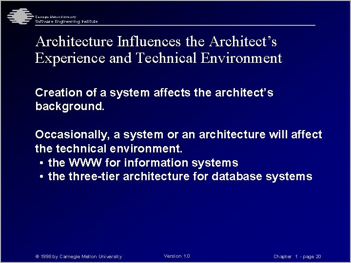 Carnegie Mellon University Software Engineering Institute Architecture Influences the Architect’s Experience and Technical Environment