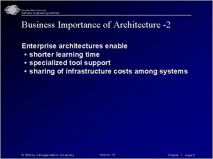 Carnegie Mellon University Software Engineering Institute Business Importance of Architecture -2 Enterprise architectures enable