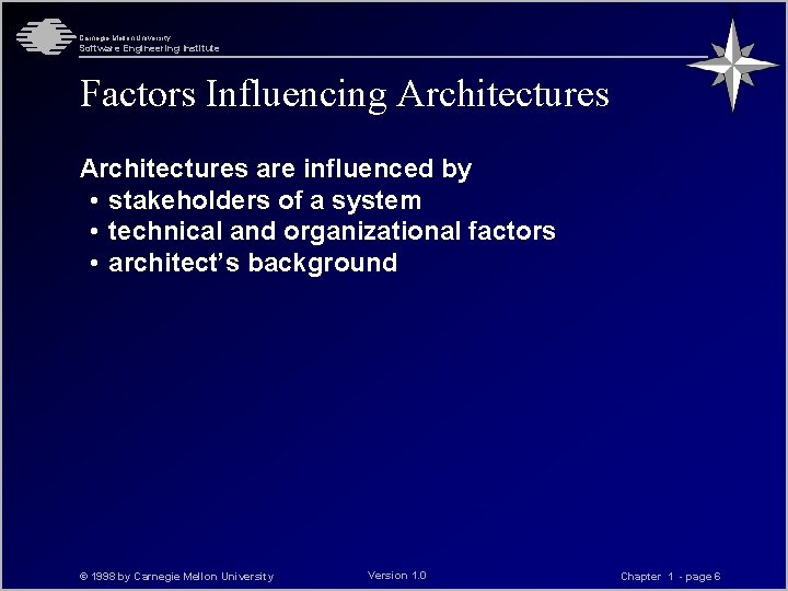 Carnegie Mellon University Software Engineering Institute Factors Influencing Architectures are influenced by • stakeholders