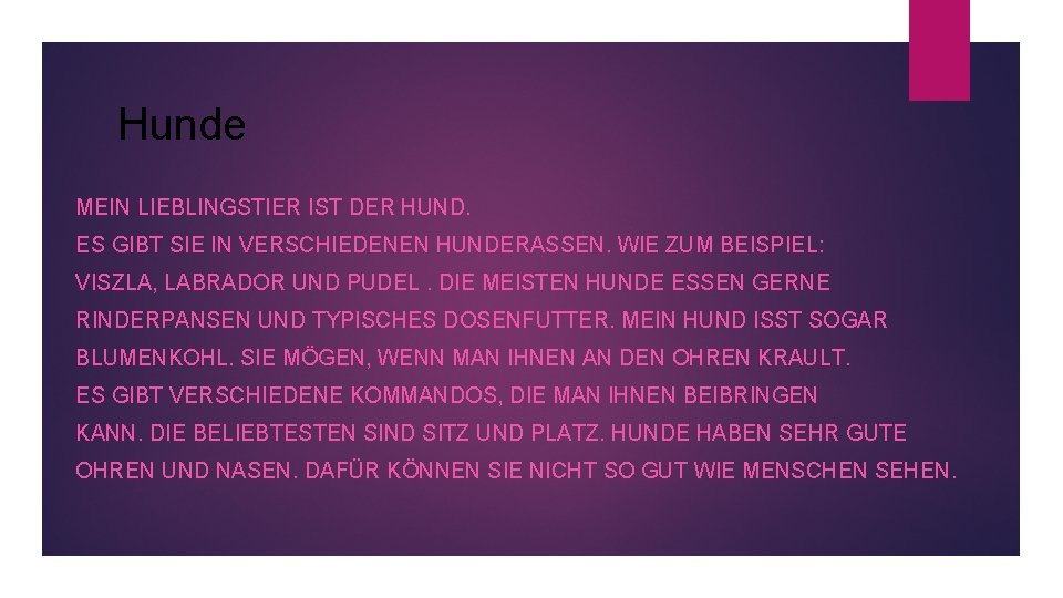 Hunde MEIN LIEBLINGSTIER IST DER HUND. ES GIBT SIE IN VERSCHIEDENEN HUNDERASSEN. WIE ZUM