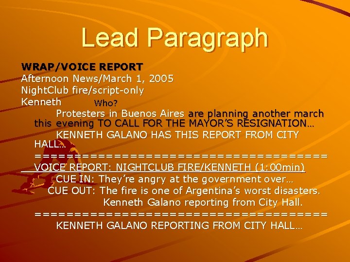 Lead Paragraph WRAP/VOICE REPORT Afternoon News/March 1, 2005 Night. Club fire/script-only Kenneth Who? Protesters