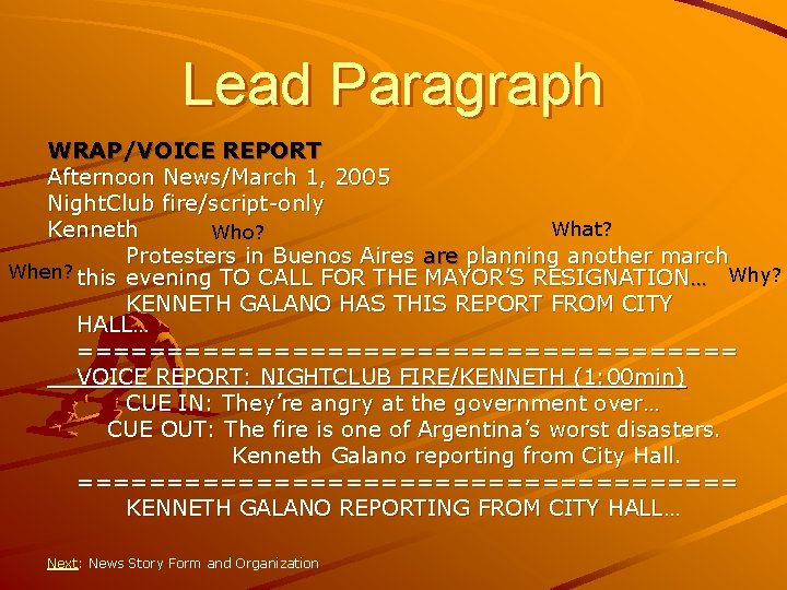 Lead Paragraph WRAP/VOICE REPORT Afternoon News/March 1, 2005 Night. Club fire/script-only What? Kenneth Who?