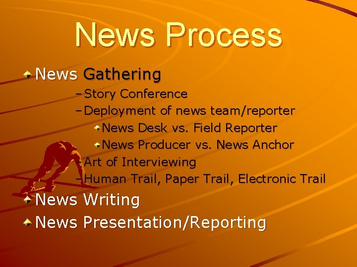 News Process News Gathering – Story Conference – Deployment of news team/reporter News Desk