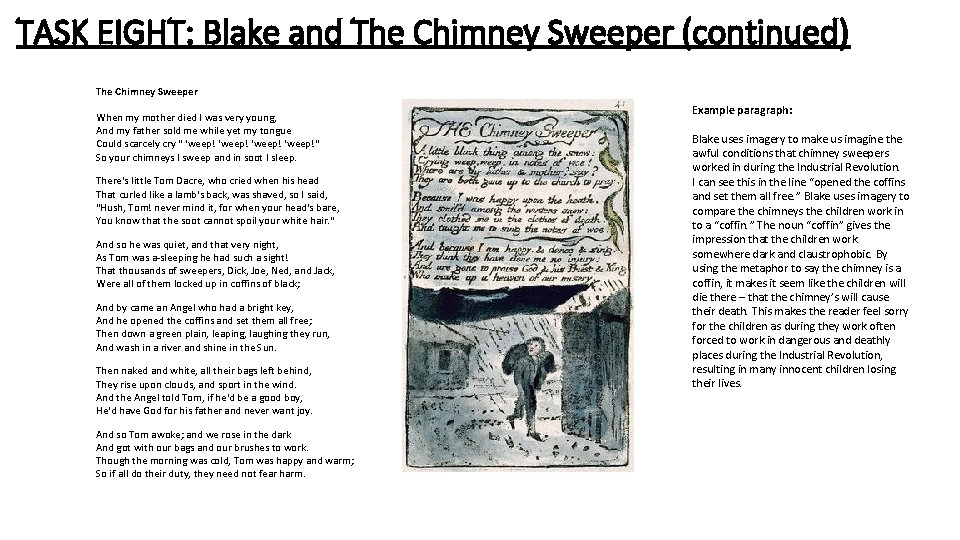 TASK EIGHT: Blake and The Chimney Sweeper (continued) The Chimney Sweeper When my mother