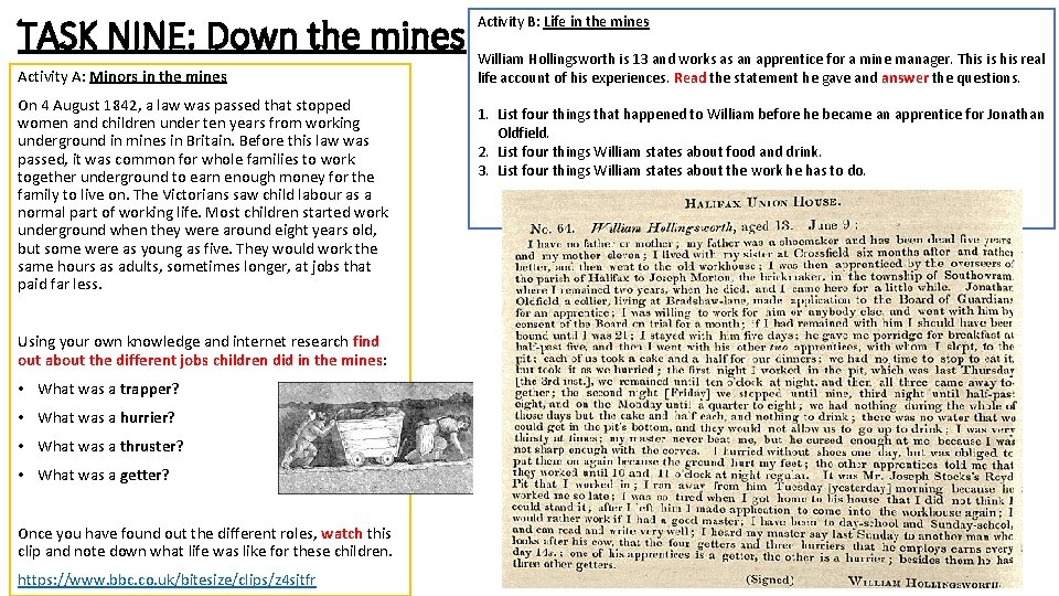 TASK NINE: Down the mines Activity A: Minors in the mines On 4 August