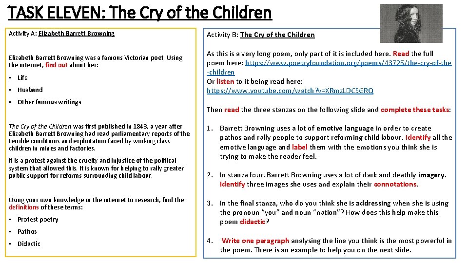 TASK ELEVEN: The Cry of the Children Activity A: Elizabeth Barrett Browning was a