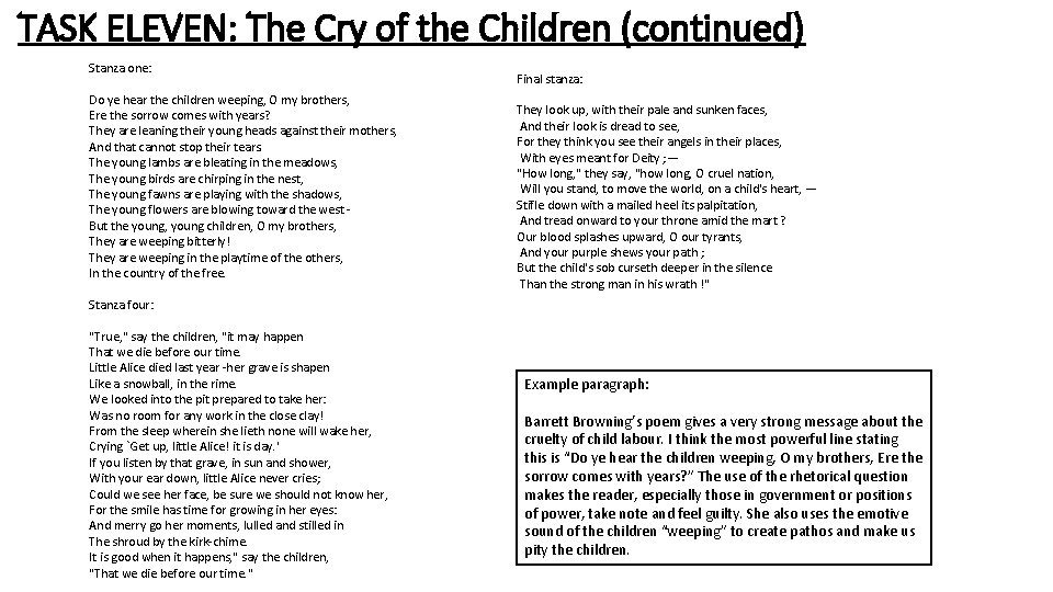 TASK ELEVEN: The Cry of the Children (continued) Stanza one: Do ye hear the