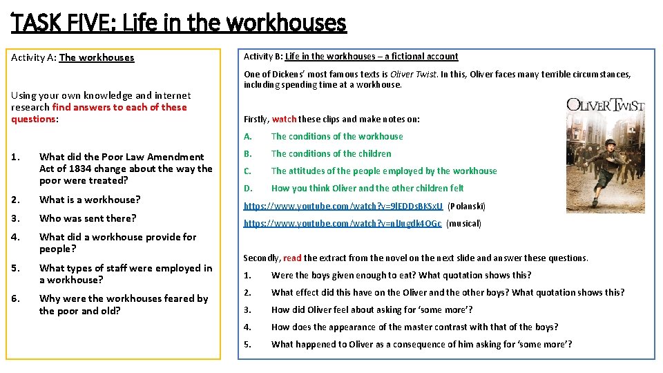 TASK FIVE: Life in the workhouses Activity A: The workhouses Using your own knowledge