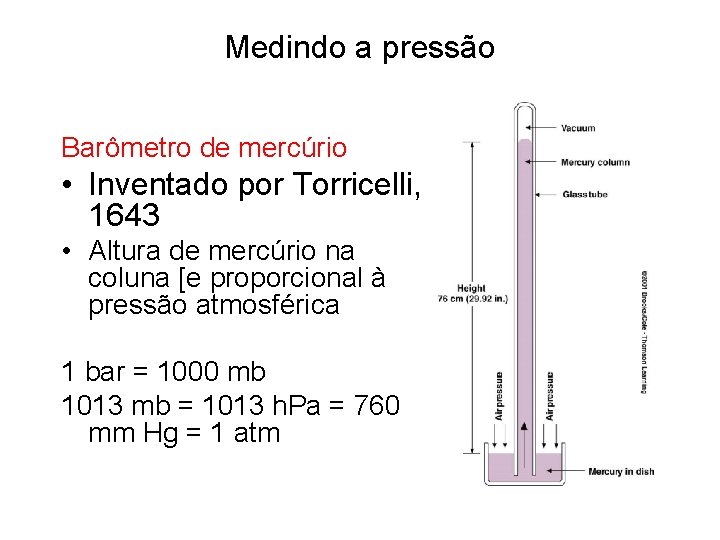 Medindo a pressão Barômetro de mercúrio • Inventado por Torricelli, 1643 • Altura de