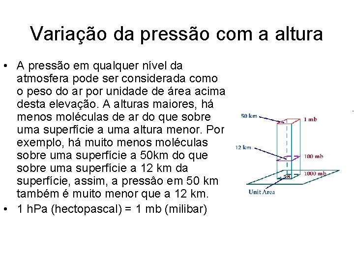 Variação da pressão com a altura • A pressão em qualquer nível da atmosfera