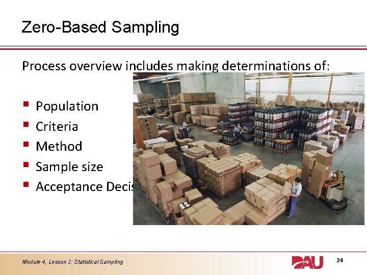 Zero-Based Sampling Process overview includes making determinations of: § § § Population Criteria Method