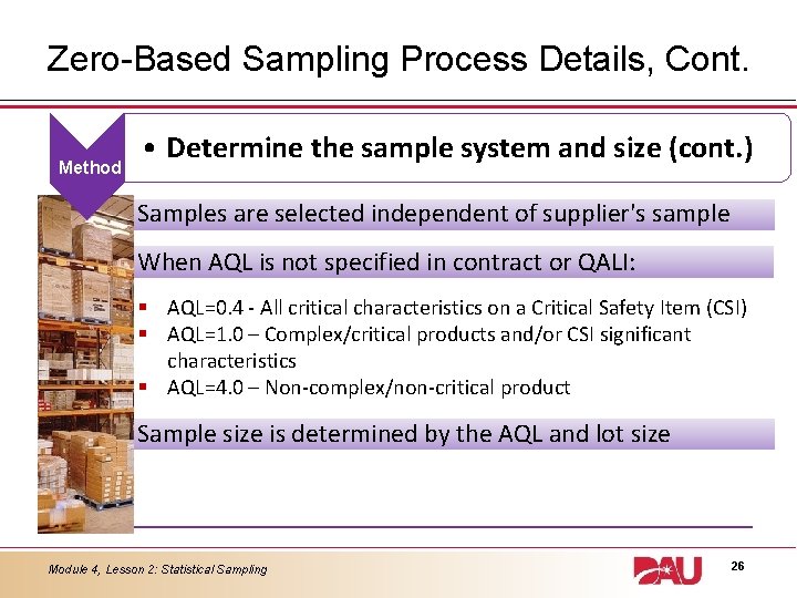 Zero-Based Sampling Process Details, Cont. Method • Determine the sample system and size (cont.