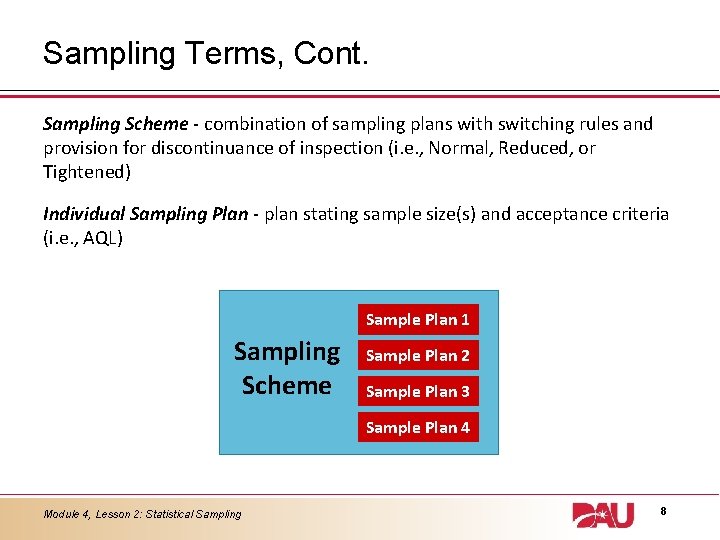 Sampling Terms, Cont. Sampling Scheme - combination of sampling plans with switching rules and