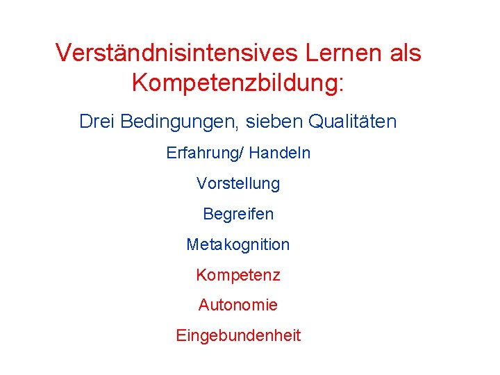 Verständnisintensives Lernen als Kompetenzbildung: Drei Bedingungen, sieben Qualitäten Erfahrung/ Handeln Vorstellung Begreifen Metakognition Kompetenz