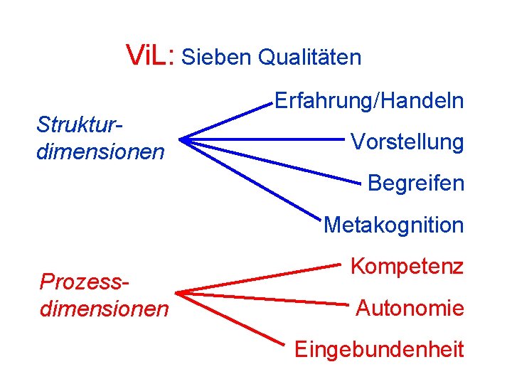 Vi. L: Sieben Qualitäten Strukturdimensionen Erfahrung/Handeln Vorstellung Begreifen Metakognition Prozessdimensionen Kompetenz Autonomie Eingebundenheit 