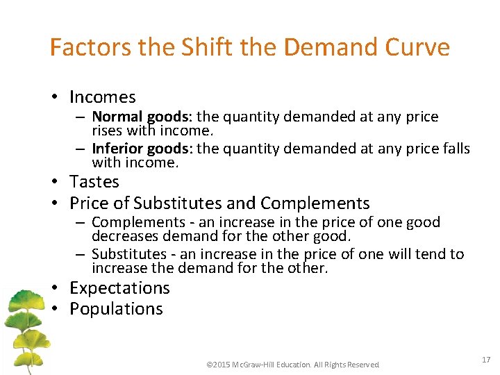 Factors the Shift the Demand Curve • Incomes – Normal goods: the quantity demanded