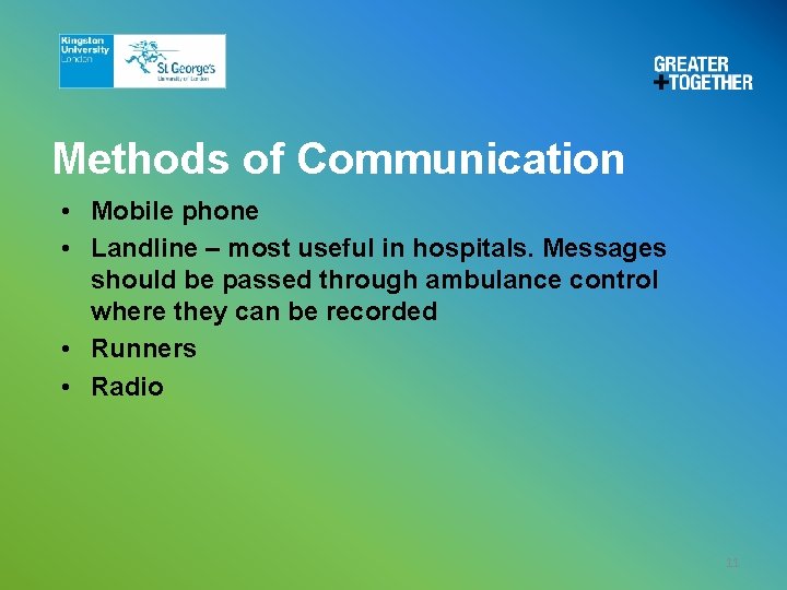 Methods of Communication • Mobile phone • Landline – most useful in hospitals. Messages Methods of Communication • Mobile phone • Landline – most useful in hospitals. Messages