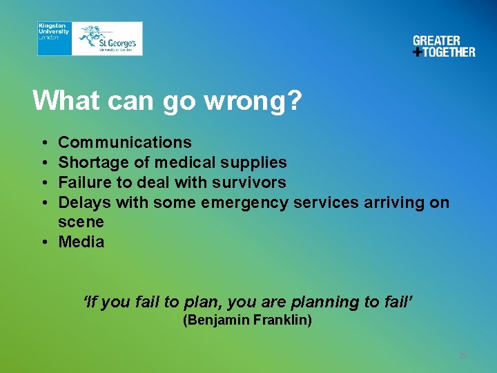 What can go wrong? • • Communications Shortage of medical supplies Failure to deal What can go wrong? • • Communications Shortage of medical supplies Failure to deal
