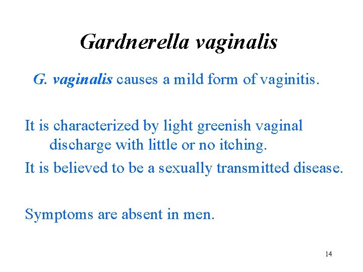 Gardnerella vaginalis G. vaginalis causes a mild form of vaginitis. It is characterized by
