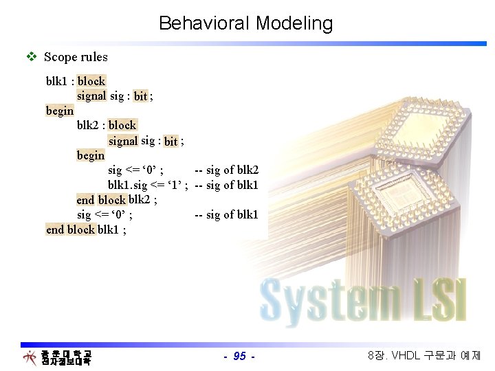 Behavioral Modeling v Scope rules blk 1 : block signal sig : bit ;