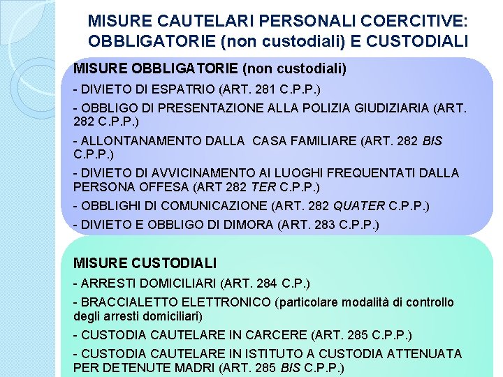 MISURE CAUTELARI PERSONALI COERCITIVE: OBBLIGATORIE (non custodiali) E CUSTODIALI MISURE OBBLIGATORIE (non custodiali) -