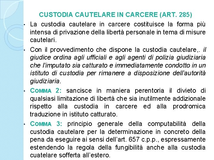 • • CUSTODIA CAUTELARE IN CARCERE (ART. 285) La custodia cautelare in carcere