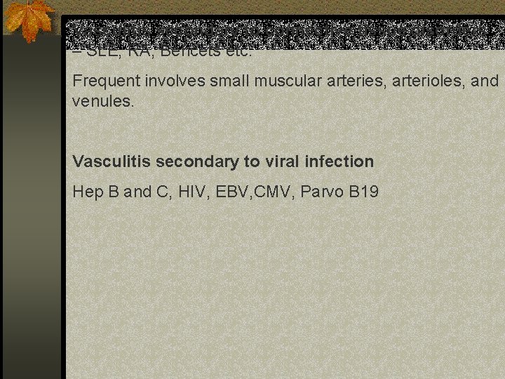 Vasculitis secondary to connective tissue disorders – SLE, RA, Behcets etc. Frequent involves small