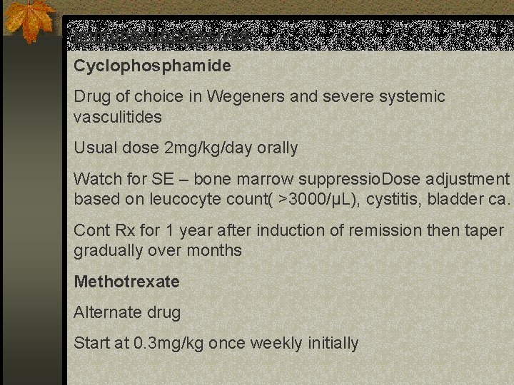 Immunosuppressives Cyclophosphamide Drug of choice in Wegeners and severe systemic vasculitides Usual dose 2