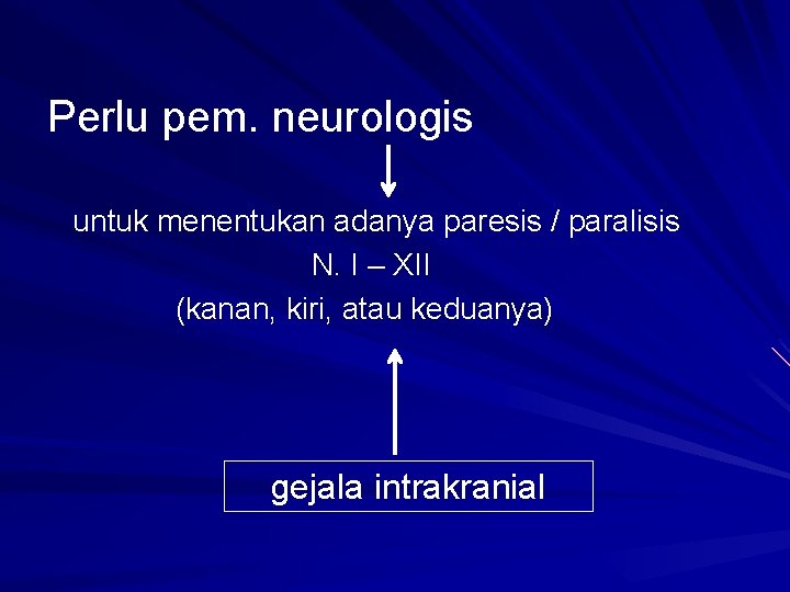 Perlu pem. neurologis untuk menentukan adanya paresis / paralisis N. I – XII (kanan, Perlu pem. neurologis untuk menentukan adanya paresis / paralisis N. I – XII (kanan,