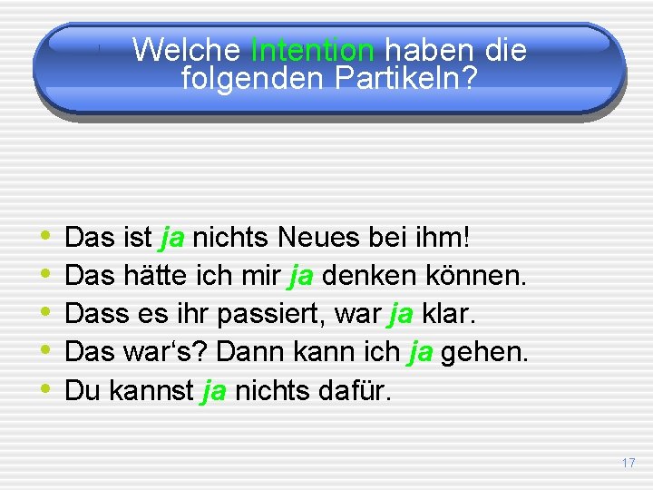 Welche Intention haben die folgenden Partikeln? • • • Das ist ja nichts Neues