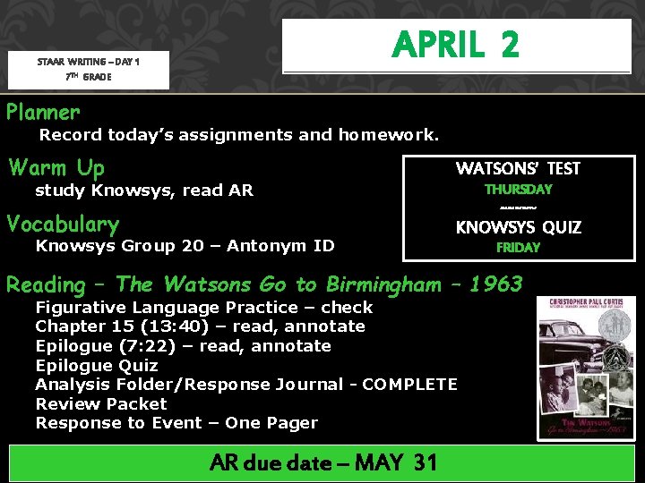 APRIL 2 STAAR WRITING – DAY 1 7 TH GRADE Planner Record today’s assignments APRIL 2 STAAR WRITING – DAY 1 7 TH GRADE Planner Record today’s assignments