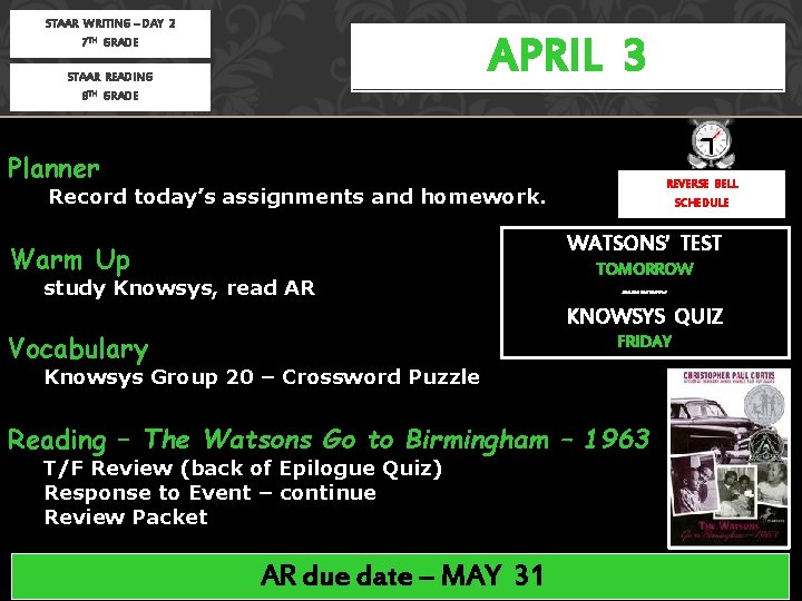 STAAR WRITING – DAY 2 APRIL 3 7 TH GRADE STAAR READING 8 TH STAAR WRITING – DAY 2 APRIL 3 7 TH GRADE STAAR READING 8 TH